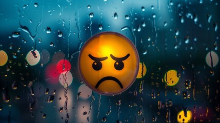 A crying face emoji with tear drops falling against a rainy window backdrop.