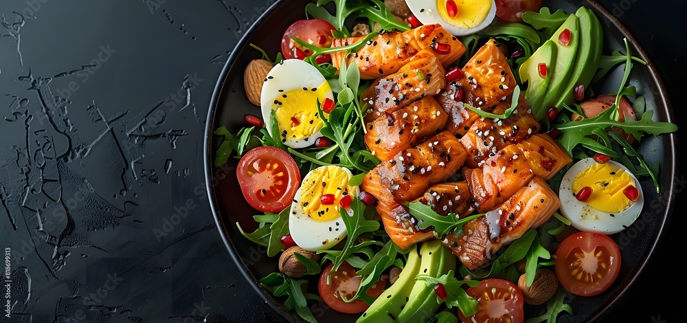 Wall mural The concept of a ketogenic low-carb diet. Healthy eating and dieting with salmon, avocado, eggs and nuts. View from above High quality photo