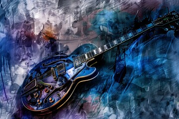 Blues: Deep, soulful hues and smooth, flowing lines capturing the emotive depth and melancholic beauty, with abstract guitars and harmonicas