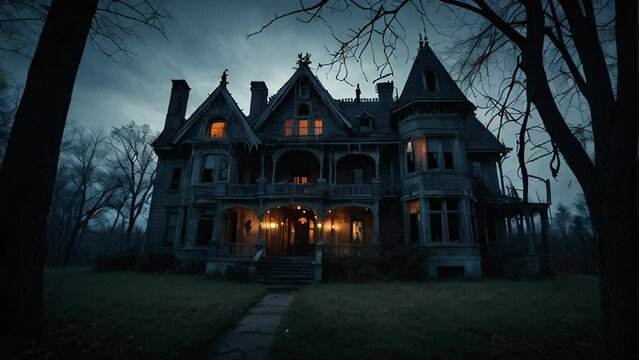 A spooky Halloween-themed manor with glowing orange windows, set against a dark and stormy sky. The eerie atmosphere and gothic architecture make it perfect for a haunted night.