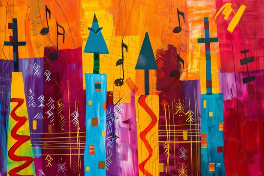 Gospel: Radiant, uplifting patterns and warm, bright colors representing the spiritual and joyous energy, with abstract church steeples and musical notes