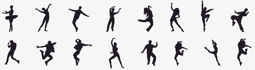 Set of dancing people silhouette. Crowd of young people dancer. 