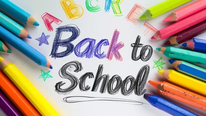 ''back to school'' words written on a white background with colorful pencils around