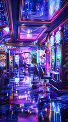 Fototapeta premium A casino with rows of slot machines illuminated by colorful lights