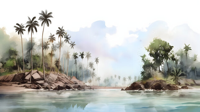 Palm-lined coastlines watercolor