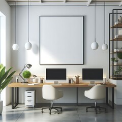 A Room with a mockup poster empty white and with two computers and a picture frame realistic attractive has illustrative realistic harmony.