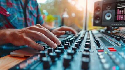 A close-up of a mixing console device used by a man working as professional sound engineer