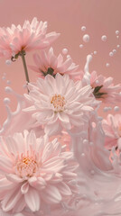 White chrysanthemum in fluid liquid, spring natural flowers illustration background