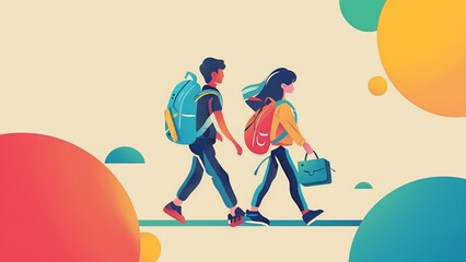 a flat vector illustration of two school kids walking on a blank colorful background