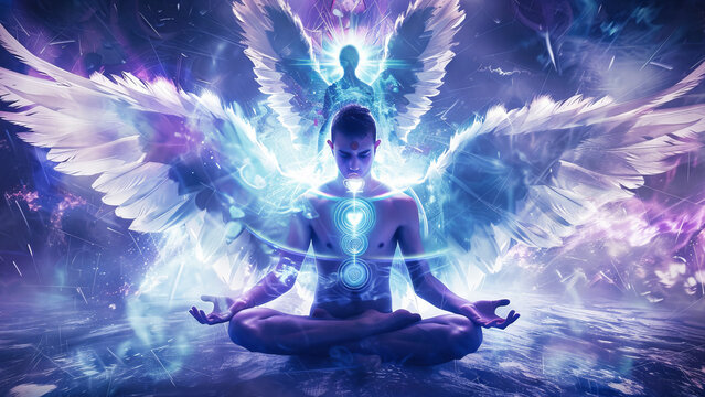 A meditating being with wings and a chakra system glowing