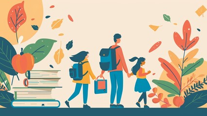 vector minimalistic illustration of children of different ages going back to school all together
