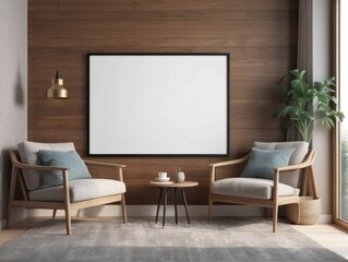 blank poster frame, home interior armchair, table and decor in living room, Wood Tones wall background