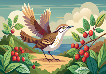 Naklejka premium A bird is perched on a branch with red berries