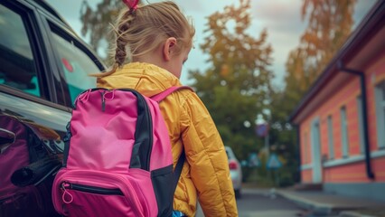 a back view of a small girl with a backpack on his first day of school