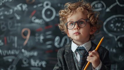 portrait of a boy pupil wearing glasses on a blackboard background