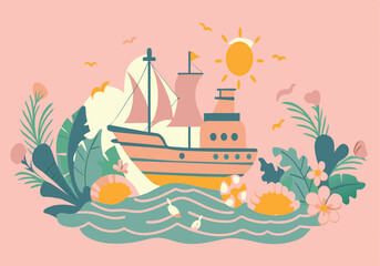 A colorful drawing of a boat on the water with a sun in the sky