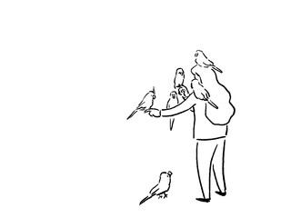 手や肩、頭にインコ、鳥を乗せる女性の後ろ姿、線画