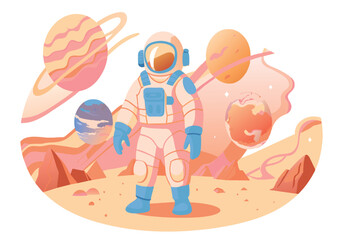 Obraz premium A man in a space suit stands on a rocky planet