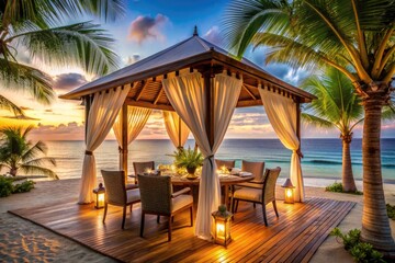 Elegant Beachfront Gazebo with Ocean View Dining - Tropical Paradise. Al Fresco Dining Concept