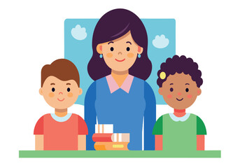 Obraz premium A woman is standing in front of two children