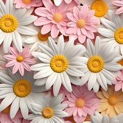 Cluster of pink and yellow daisies on pink background