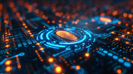 Future digital processing of technology biometric fingerprint scanner, concept of digital program monitoring and security scanning