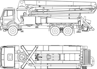 vector illustration sketch design drawing of concrete pump trucks working method