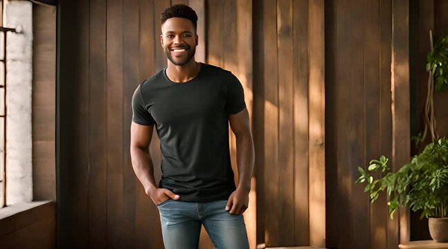 Footage of a plain black t-shirt mockup with a male model, front view with a brown wood pattern background, generated ai