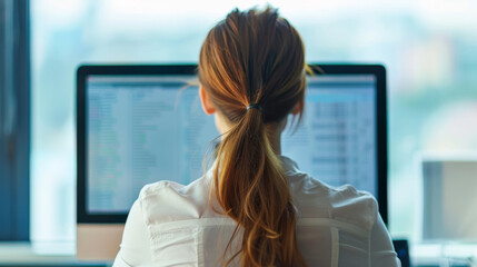 A woman with long brown hair is sitting at a desk in front of a computer monitor. She is focused on the screen, possibly working on a project or browsing the internet