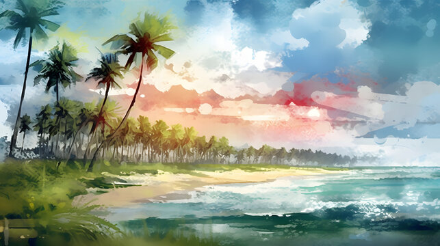 Palm-lined coastlines watercolor