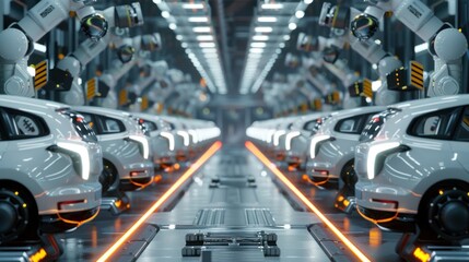 Obraz premium 3d rendering robot assembly line in car factory