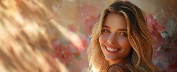 Portrait of a beautiful attractive happy blonde girl on a beige background