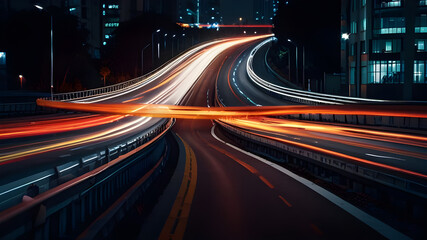 Fototapeta na wymiar High speed light effect or highway motion light trails abstract background of urban city ai image generative