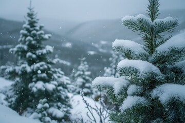 Close up of snow-covered pine tree