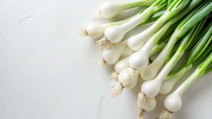 Fresh organic green onions on white background.