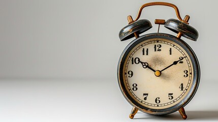 Take a close up picture of an old vintage alarm clock with yellow body and black numbers.