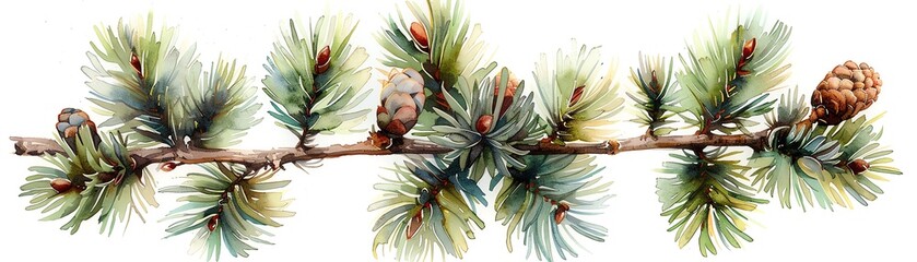 Obraz premium Beautiful watercolor illustration of pine branch with needles and cones, ideal for nature and holiday themed projects or designs.
