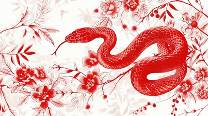 Close-up of a beautiful red snake coiled in a ring of flowers on a white background. Poisonous dangerous reptile. Symbol of the New Year according to the Chinese calendar