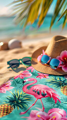 Straw hat and pink sunglasses in the sand with a towel of pink flamingos and pineapples, summer concept vacation concept holidays