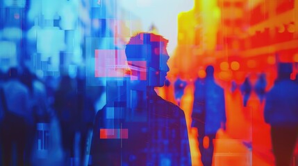 A man walking down a busy street, with a blue and red filter. AIG51A.