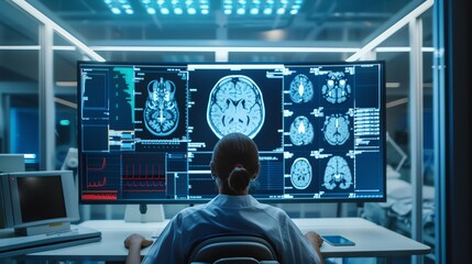 A female doctor is looking at an MRI scan of a brain.