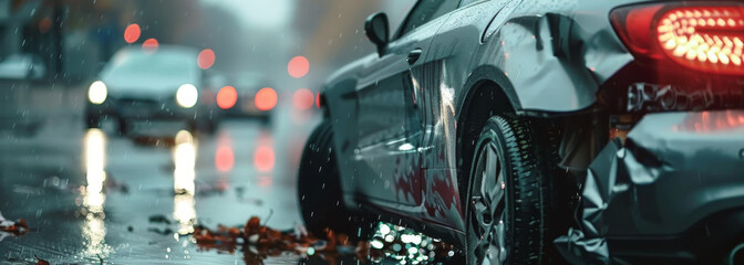 A car is parked on the side of the road with a smashed front end. The car is surrounded by other cars and the street is wet. The scene is dark and gloomy, with the rain adding to the mood
