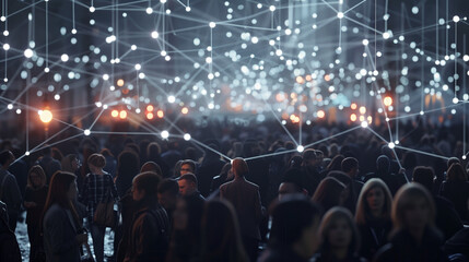 Fototapeta na wymiar Crowd of People Standing in Front of String of Lights