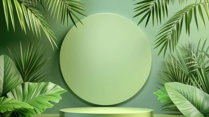 Product display podium with nature leaves on green background, 3D rendering ,A podium, a pedestal,...