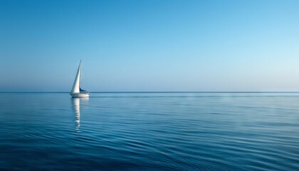 Obraz premium The image shows a lonely sailing boat on the sea under the blue sky.