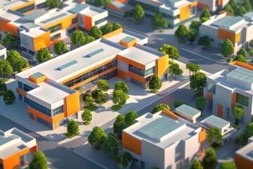 The photo shows a modern city with lots of green trees and orange buildings.