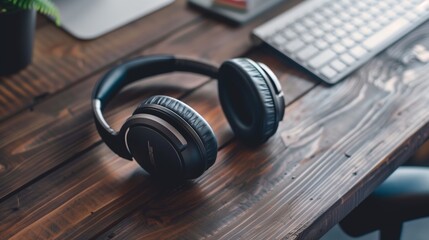 A pair of sleek wireless headphones resting on a wooden desk, exuding a modern and minimalist design perfect for immersive music listening. - Powered by Adobe