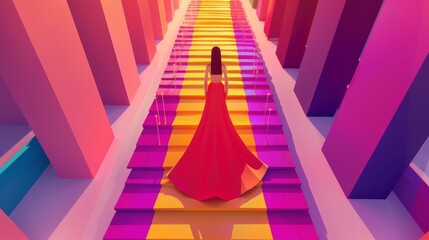 The photo shows a woman in a red dress walking up a long staircase