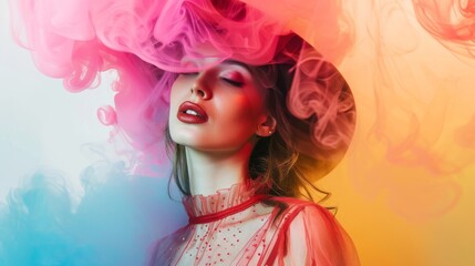 The photo shows a woman with a colorful powder explosion on her head. She is wearing a red dress and has her eyes closed. The background is a gradient of yellow and blue.