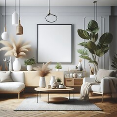 A living Room with a mockup poster empty white and with a couch and plants art harmony lively has illustrative.